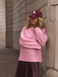 Rose clair - Pull long côtelé à col en V en laine