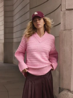 Rose clair - Pull long côtelé à col en V en laine