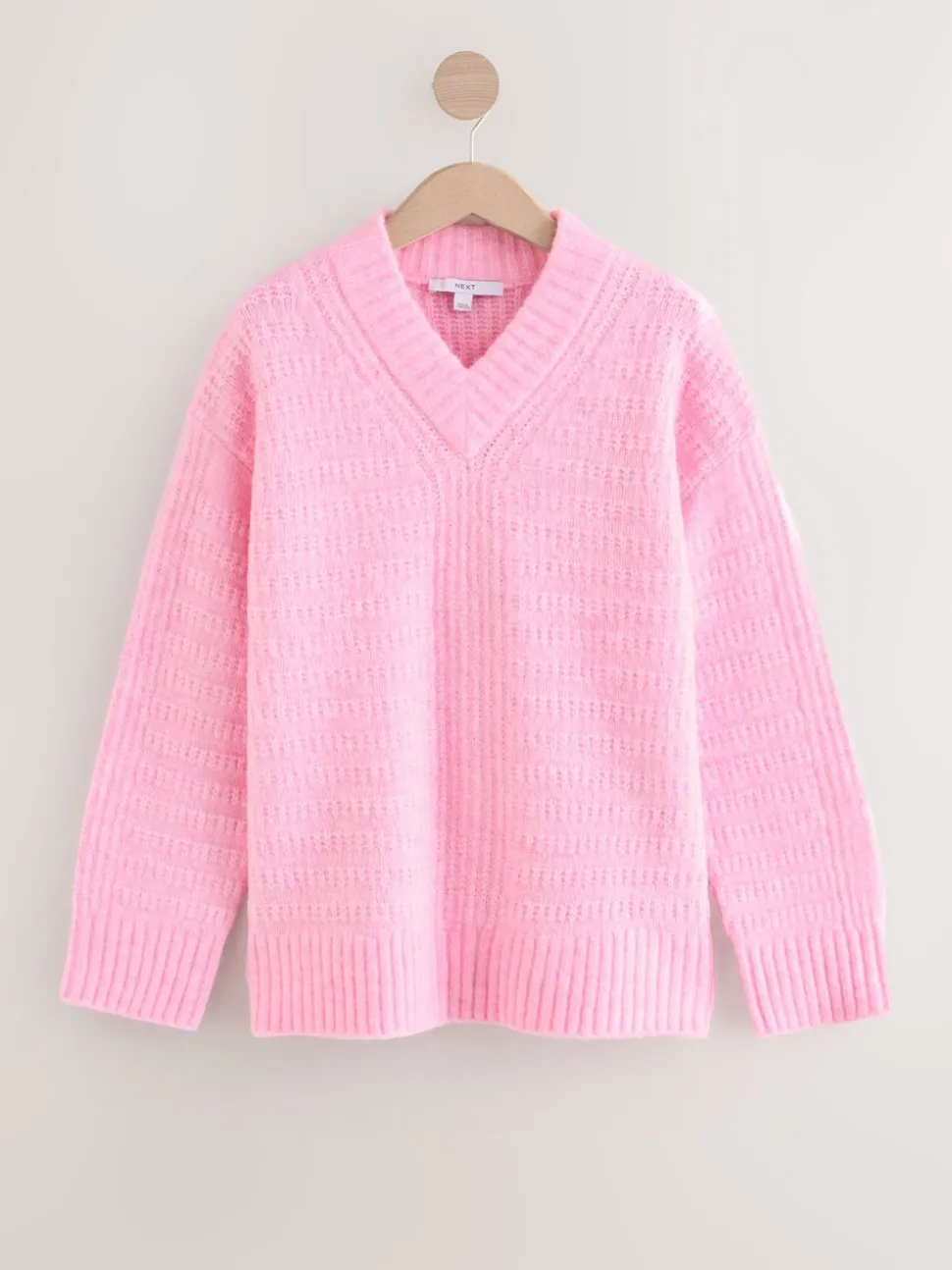 Rose clair - Pull long côtelé à col en V en laine