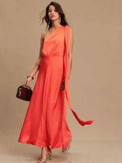 Rose corail - Robe Mi-long en satin texturé à col Écharpes