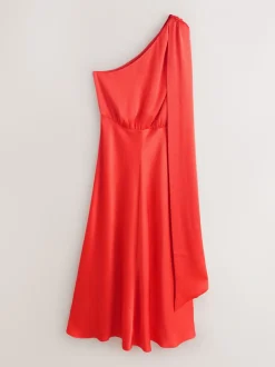 Rose corail - Robe Mi-long en satin texturé à col Écharpes