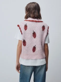 Rose fraise - Débardeur sans manches en maille avec laine