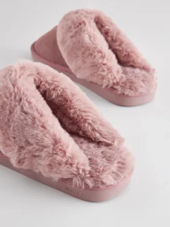 Rose mink - Chaussons mules en daim doublés de fausse fourrure