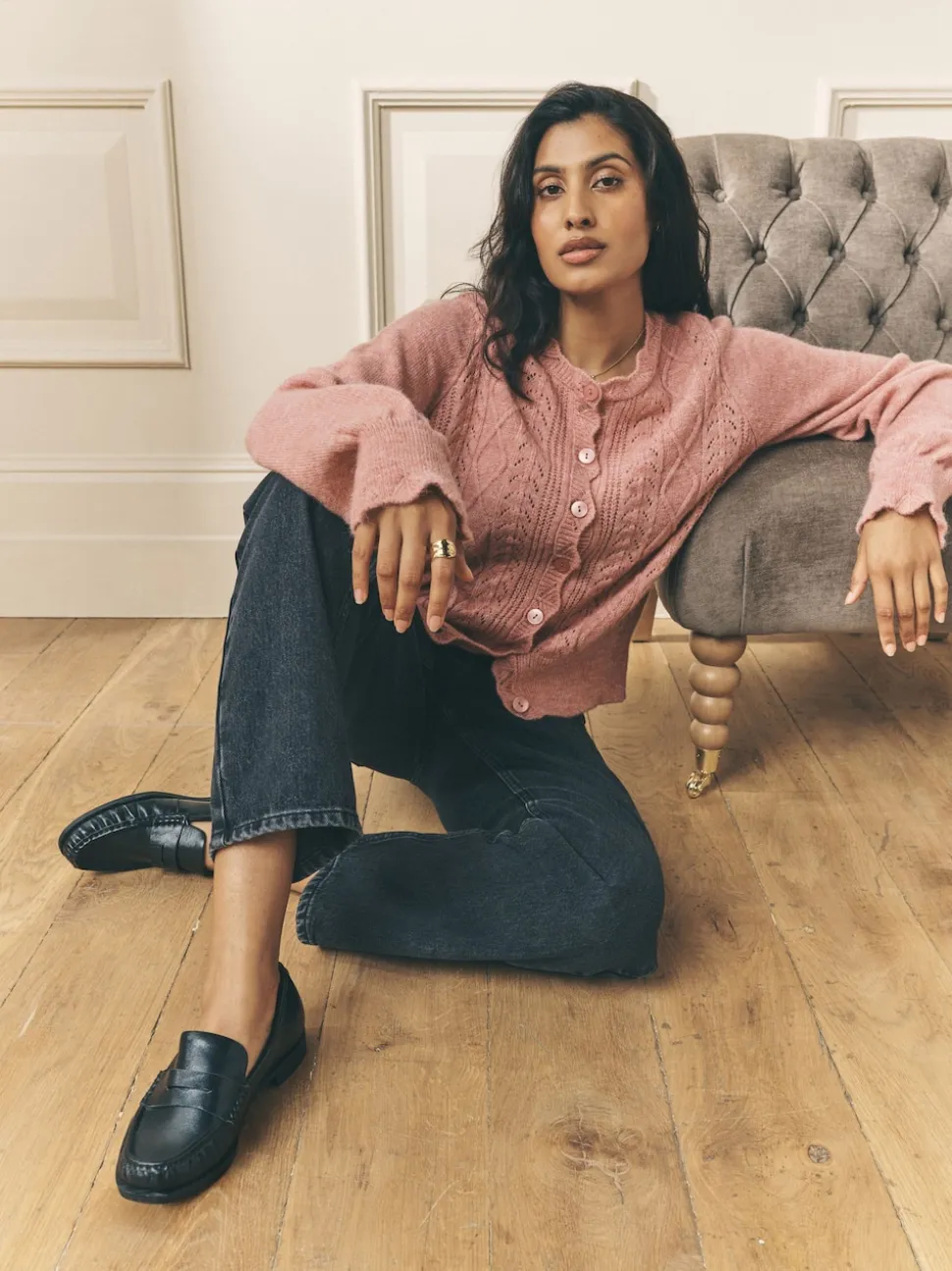 Rose poudré - Laura Ashley Cardigan boutonné pointelle et festoncles avec une touche de laine