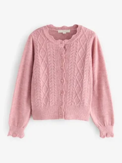 Rose poudré - Laura Ashley Cardigan boutonné pointelle et festoncles avec une touche de laine