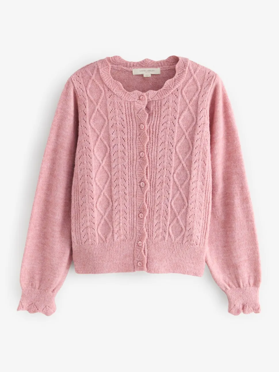 Rose poudré - Laura Ashley Cardigan boutonné pointelle et festoncles avec une touche de laine