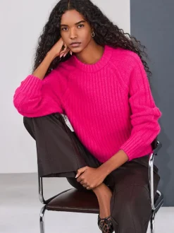 Rose vif - Pull côtelé épais Blend à col rond
