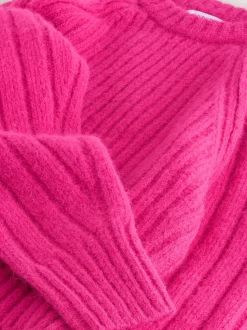 Rose vif - Pull côtelé épais Blend à col rond