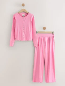 Rose vif - soi-même. Pyjama côtelé boutonné