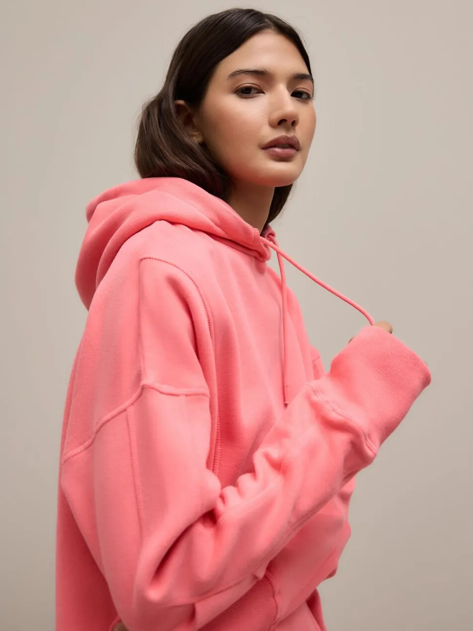 Rose vif - Sweat-shirt à capuche long actif à coutures apparentes ultra-doux avec poches