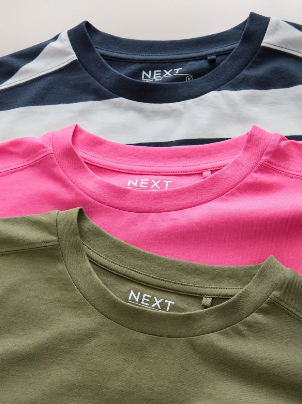 Rose/Kaki/Rayure - Lot 3 t-shirts col ras du cou 100% coton longueur coude