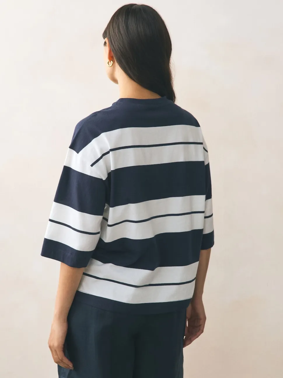Rose/Kaki/Rayure - Lot 3 t-shirts col ras du cou 100% coton longueur coude