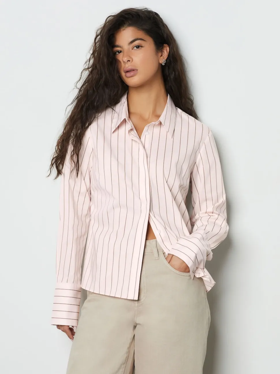 Rose/marron - Chemise extensible ajustée Essential à manches longues