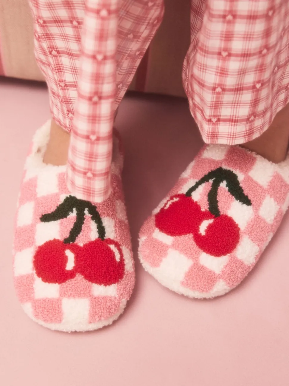 Rose/rouge - Chaussons mules à carreaux cerise
