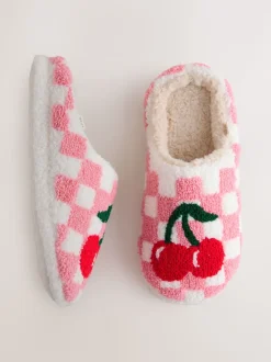 Rose/rouge - Chaussons mules à carreaux cerise