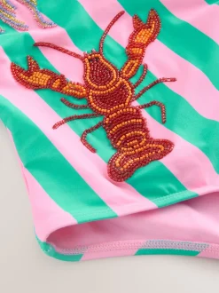 Rose/vert rayé - Maillot de bain à encolure dégagée gainant avec ornements perlés