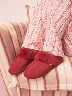 Rouge - Chaussons mules en daim doublés de fausse fourrure
