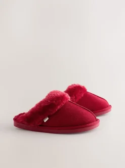 Rouge - Chaussons mules en daim doublés de fausse fourrure
