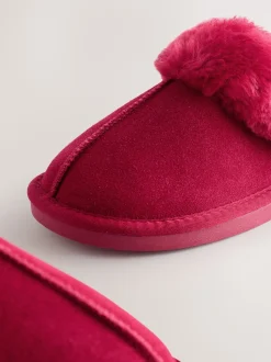 Rouge - Chaussons mules en daim doublés de fausse fourrure
