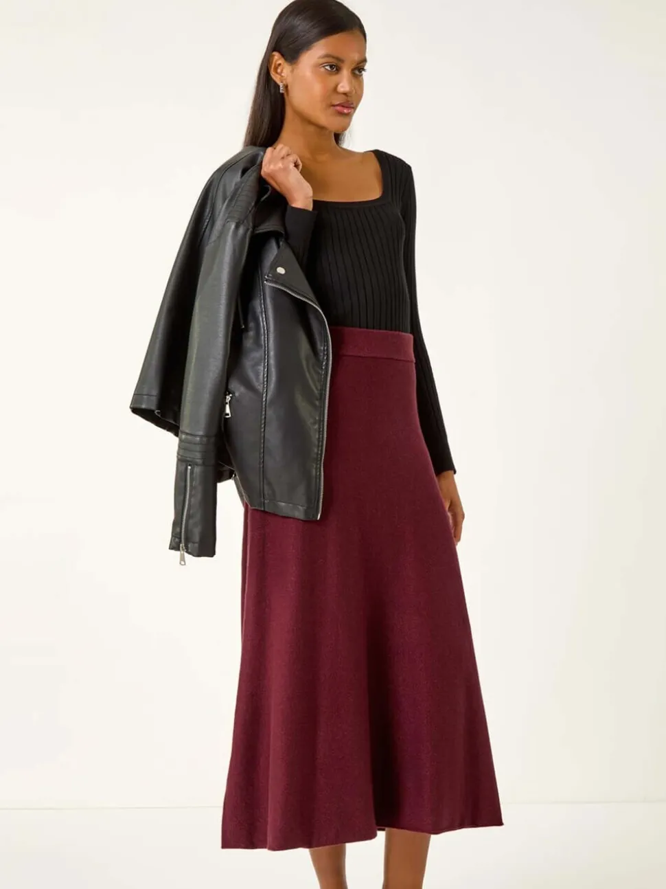 Rouge - Jupe mi-longue Roman en maille brillante