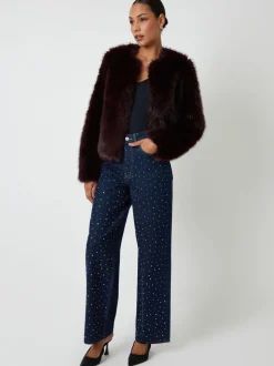 Rouge - Manteau Threadbare en fausse fourrure sans col