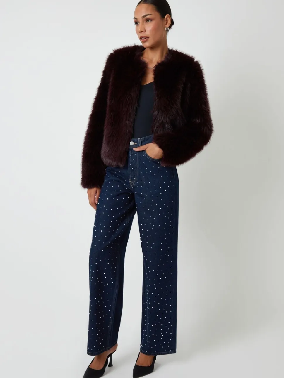 Rouge - Manteau Threadbare en fausse fourrure sans col