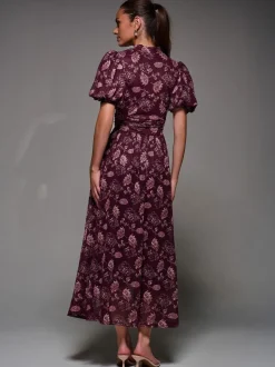 Rouge - Robe longue Jolie Moi en maille imprimée à manches bouffantes