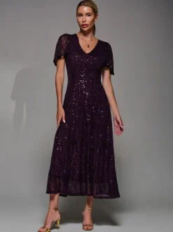 Rouge - Robe Midaxi Jolie Moi à manches ange à Sequins