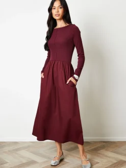 Rouge - Robe Threadbare 2en jersey à manches longues1 en popeline mélangée à col coupé