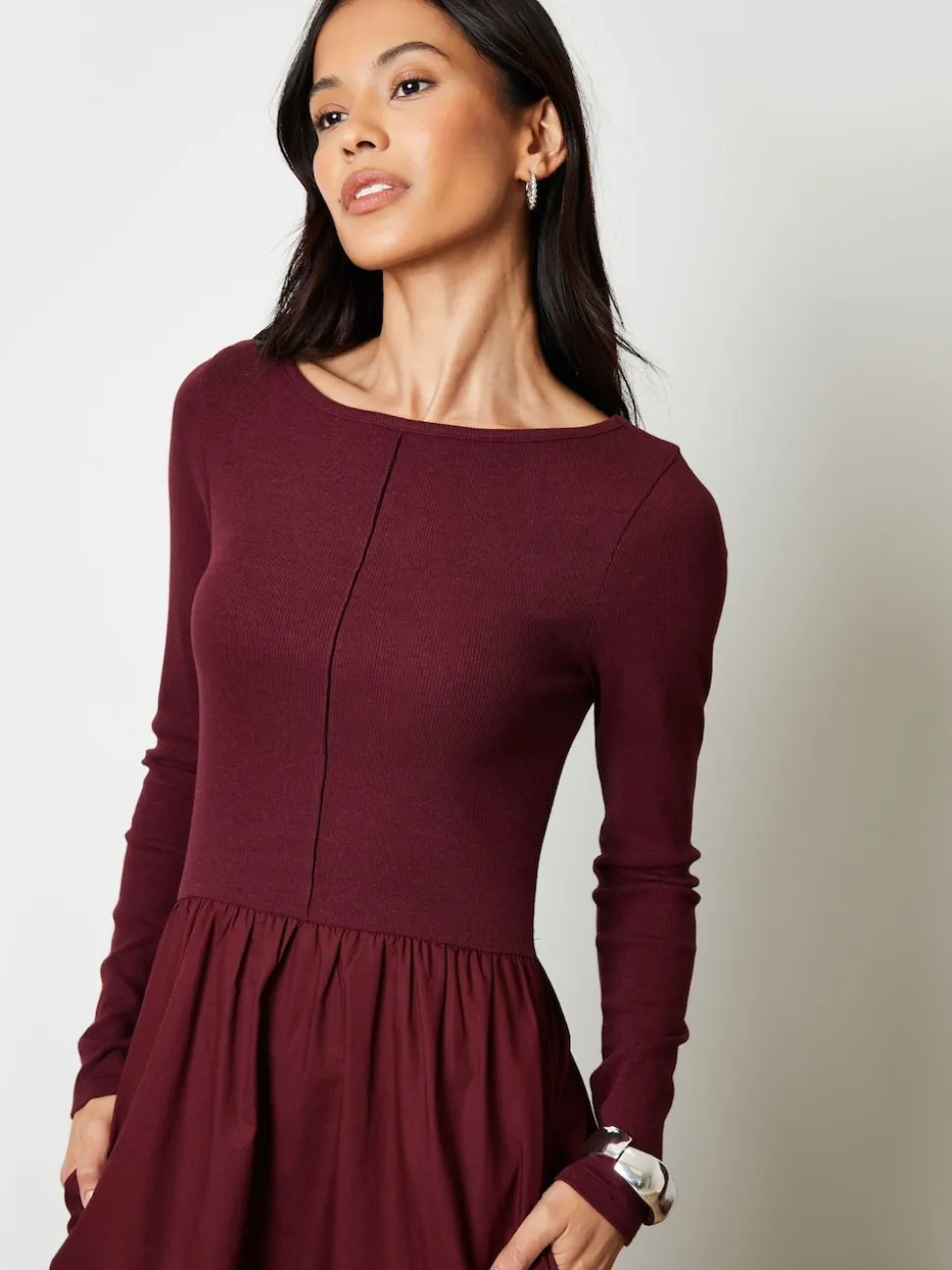 Rouge - Robe Threadbare 2en jersey à manches longues1 en popeline mélangée à col coupé