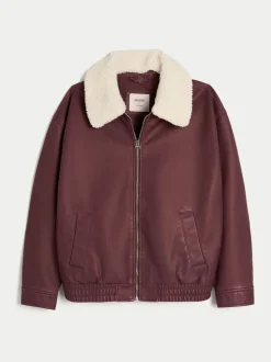 Rouge - Veste bomber Hollister en cuir avec col amovible