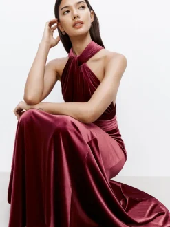 Rouge baie - Robe longue de demoiselle d'honneur multicolore en velours