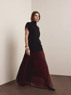 Rouge bordeaux - Jupe longue plissée maxi en tulle
