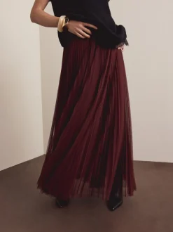 Rouge bordeaux - Jupe longue plissée maxi en tulle