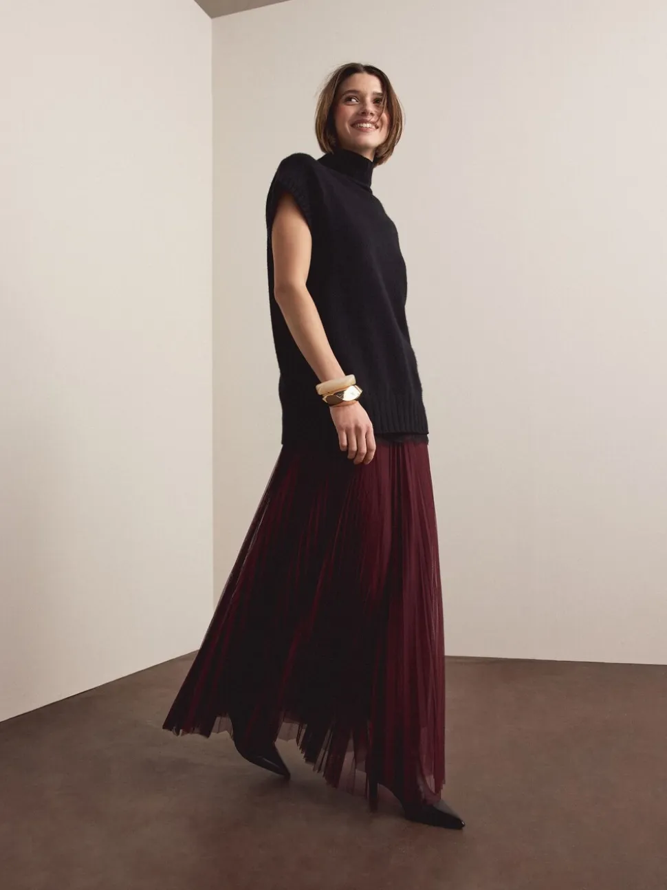 Rouge bordeaux - Jupe longue plissée maxi en tulle