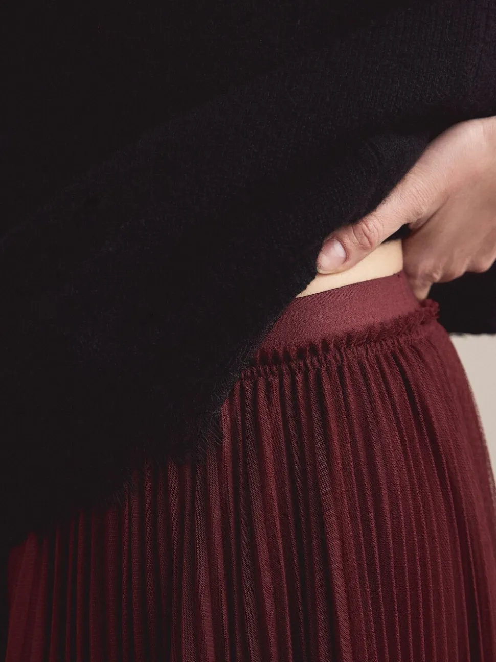 Rouge bordeaux - Jupe longue plissée maxi en tulle