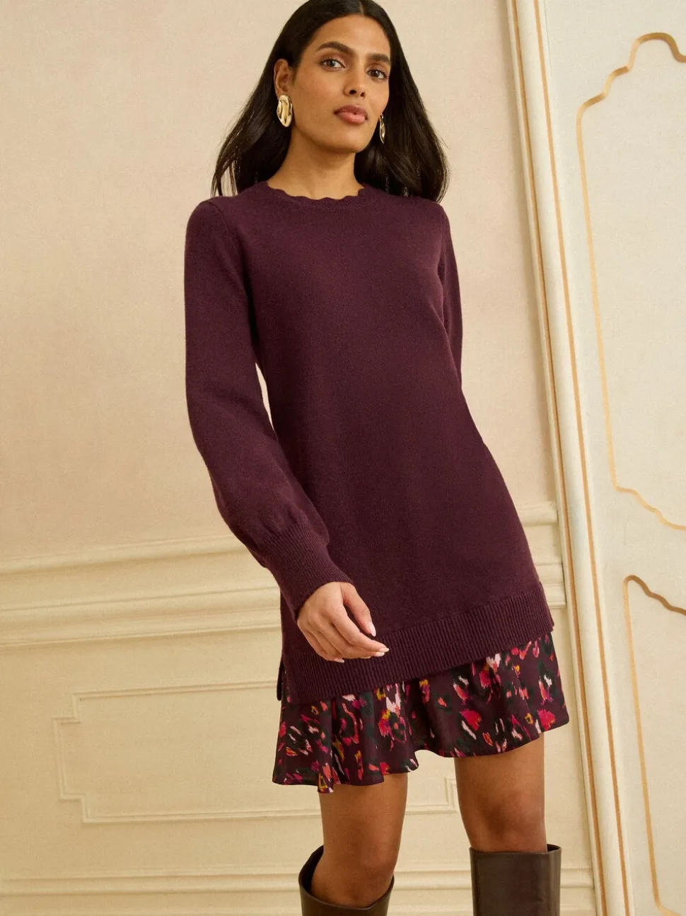 Rouge bordeaux - Love & Roses mini-robe en maille à jupe tissée