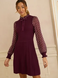 Rouge bordeaux - Love & Roses Robe courte en maille à manches et col volantés