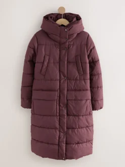 Rouge bordeaux - Manteau long matelassé à capuche résistant à la douche