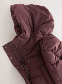 Rouge bordeaux - Manteau long matelassé à capuche résistant à la douche