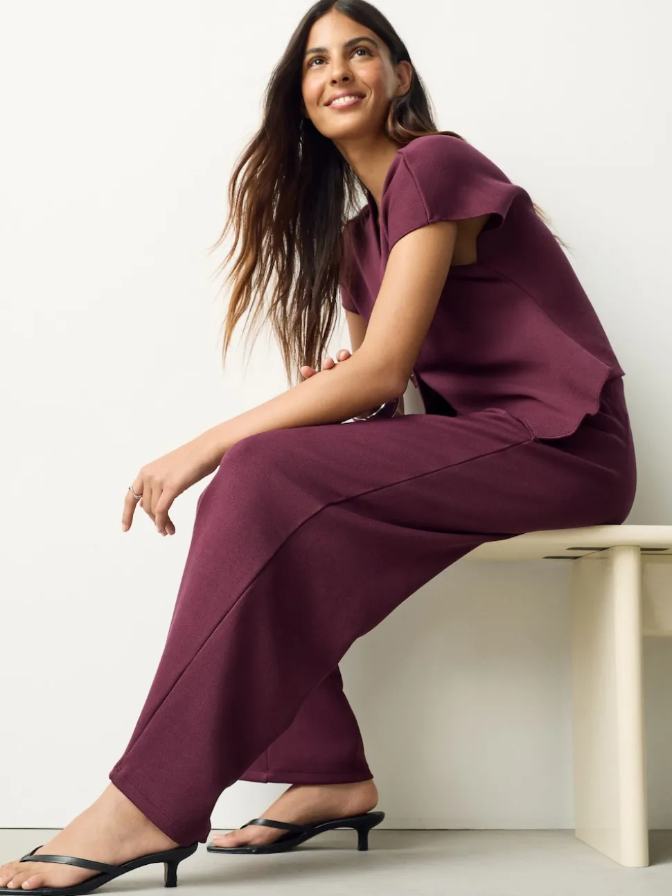 Rouge bordeaux - Pantalons jambe large compact