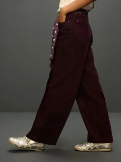 Rouge bordeaux - Pantalons en velours côtelé à jambe large avec écharpe