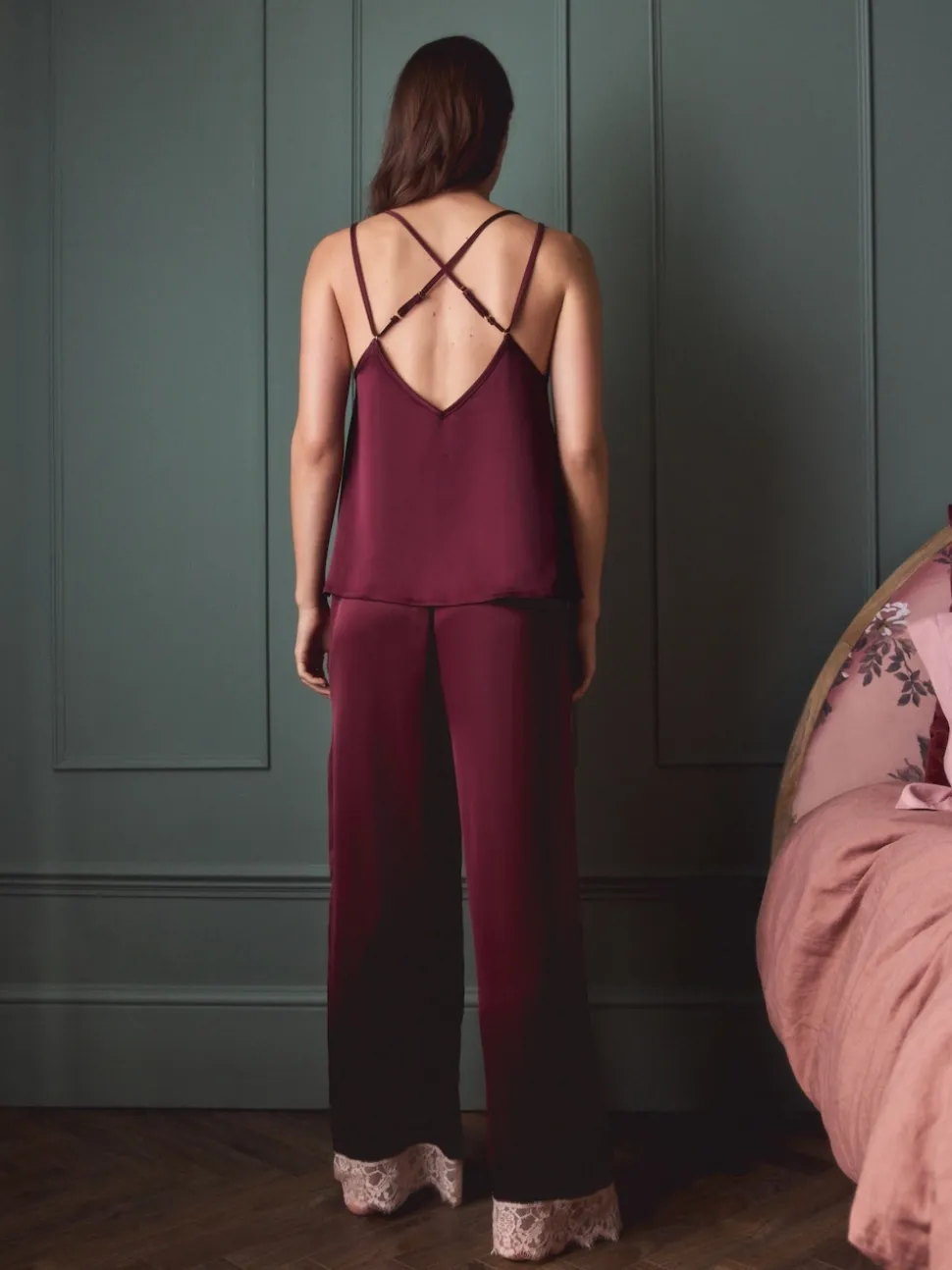Rouge bordeaux - Pyjama cami bordé de dentelle