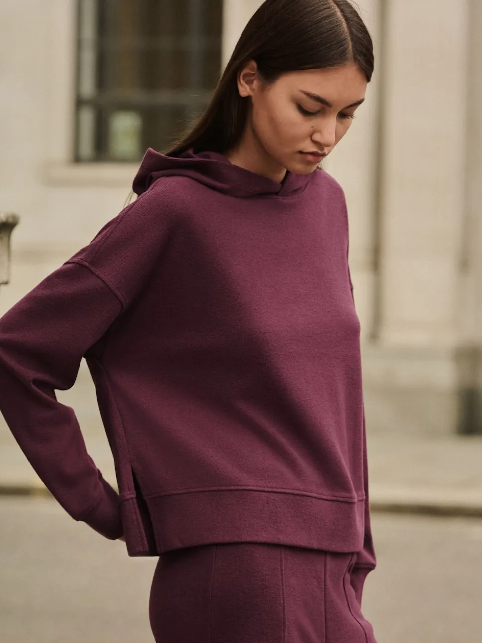 Rouge bordeaux - Sweat-shirt côtelé doux au toucher à capuche