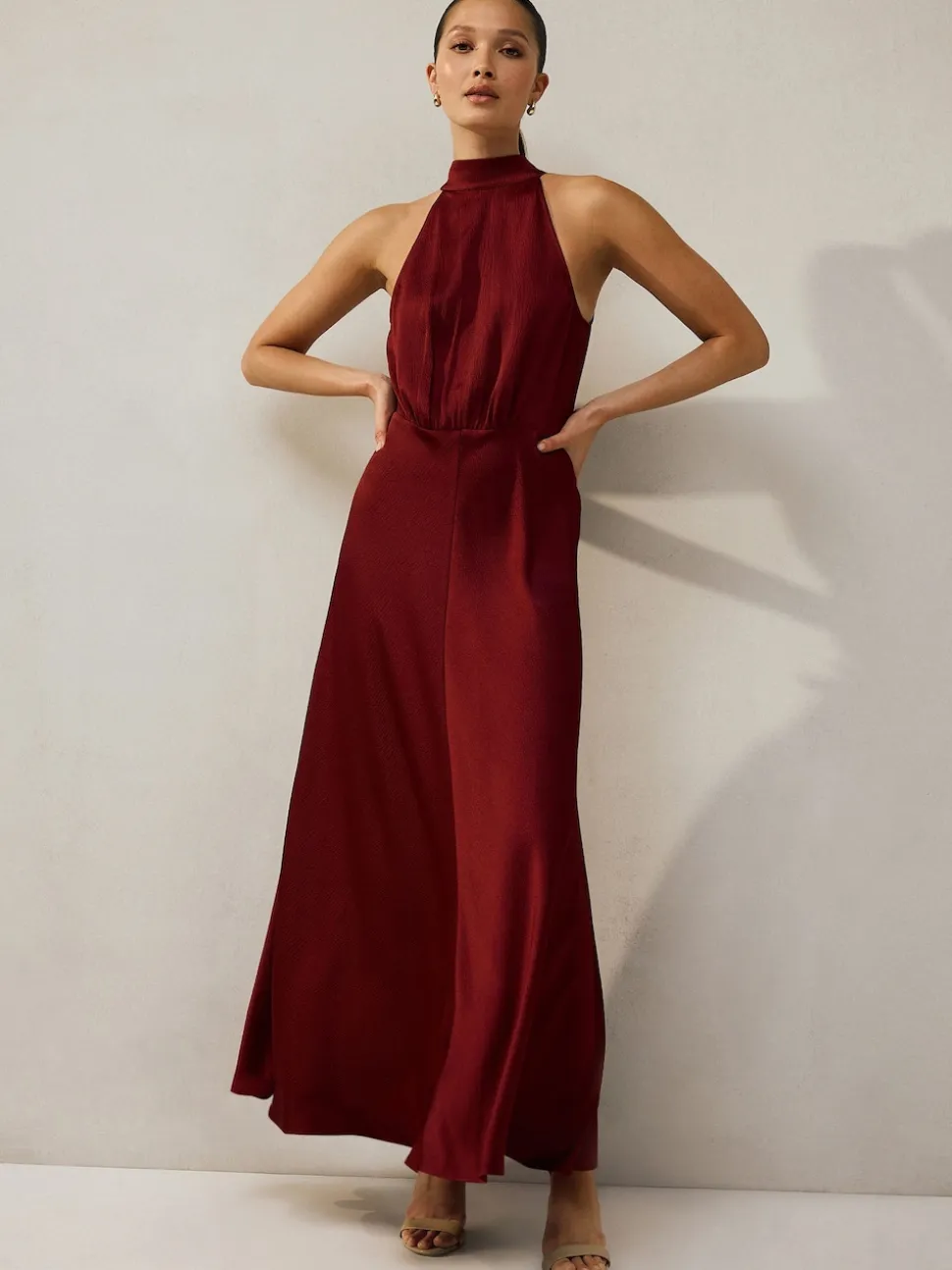 Rouge bordeaux - Texture Satin Licol Sans manches Mi-long Robe