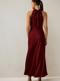Rouge bordeaux - Texture Satin Licol Sans manches Mi-long Robe