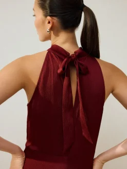 Rouge bordeaux - Texture Satin Licol Sans manches Mi-long Robe