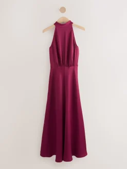 Rouge bordeaux - Texture Satin Licol Sans manches Mi-long Robe
