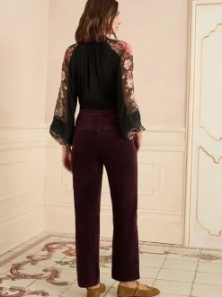 Rouge cerise - Pantalon droit Love & Roses en velours côtelé