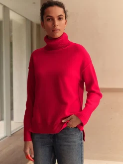Rouge cerise - Pull 100% laine mérinos N. Premium à col roulé